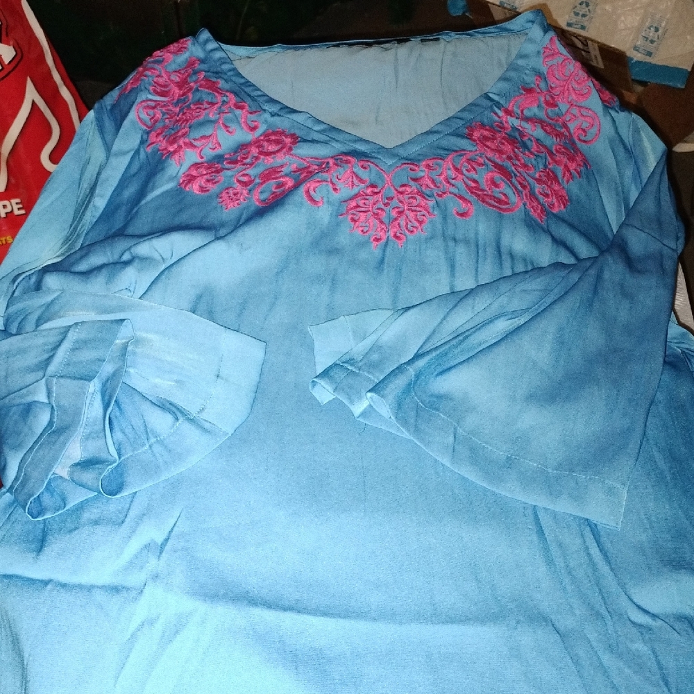 Blue Women's Top with Pink Embroidery